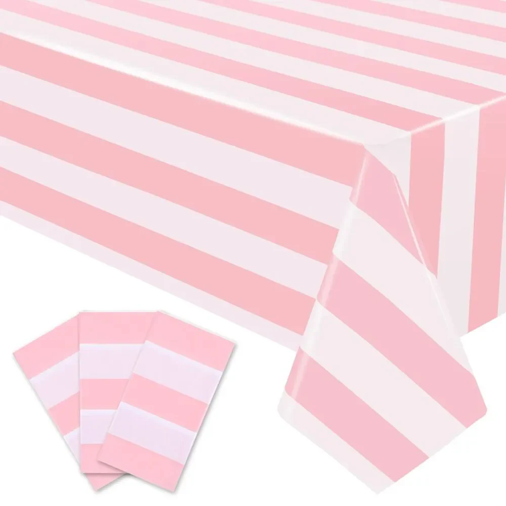 3 Pack, 54 x 108 Inch Pink and White Striped Tablecloths Disposable Waterproof
